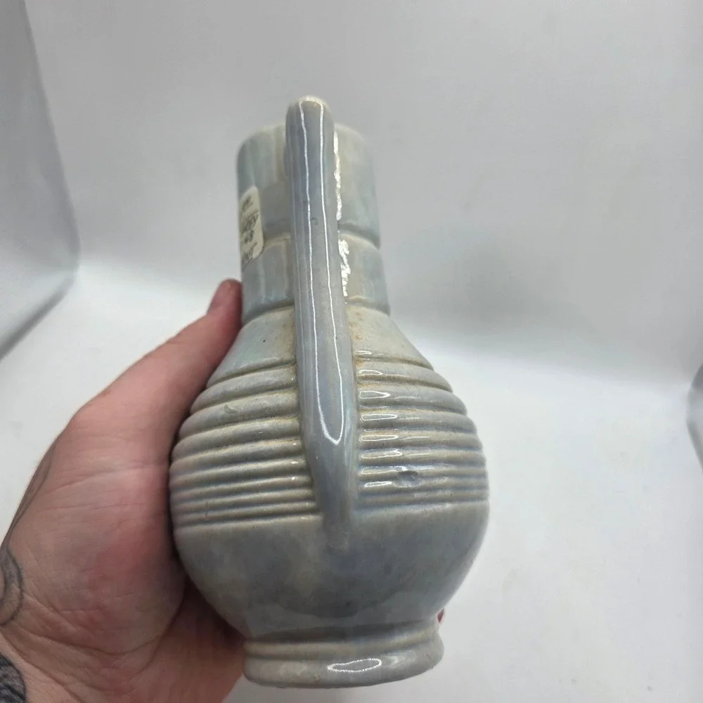 Gonder Ceramic Arts E-48 Blue Grey Ribbed Double Handle Vase 6.5